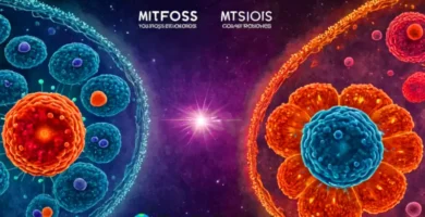 Ilustración educativa que compara la mitosis y la meiosis con diagramas de células y etapas claramente etiquetadas