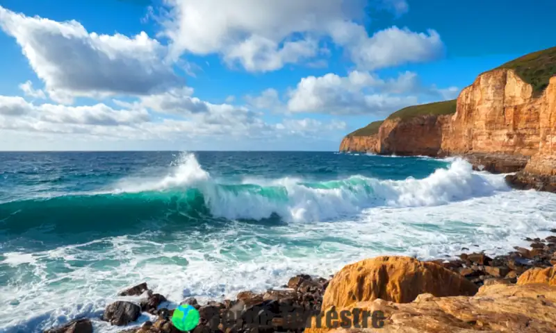 Escena dramática del océano con olas impactando acantilados, vida marina diversa y un cielo brillante