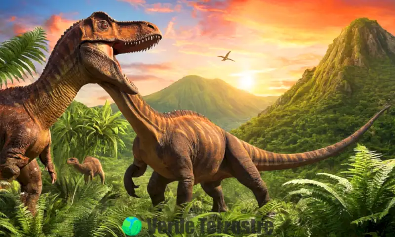 Dinosaurs herbívoros en un paisaje prehistórico con un Brachiosaurus, un Triceratops y un Stegosaurus bajo un atardecer colorido