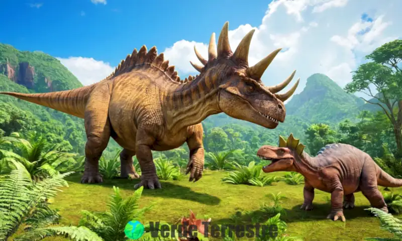 Dinosaurs herbívoros, como un Triceratops, Brachiosaurus y Stegosaurus, pastando en un paisaje prehistórico verde bajo un cielo azul