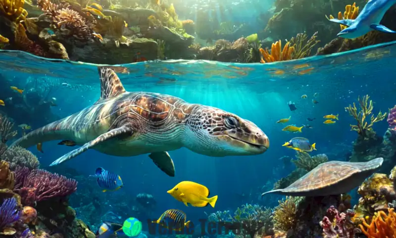 Ilustración de aves modernas coloridas que evolucionaron de dinosaurios marinos, nadando entre reptiles acuáticos en un vibrante ecosistema submarino