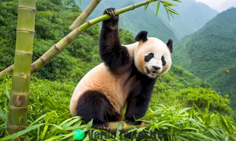 Panda gigante jugando en un árbol rodeado de bosques de bambú y montañas neblinosas