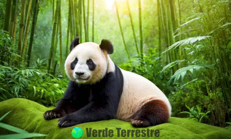 Un panda gigante descansa en un bosque de bambú rodeado de plantas y fauna en peligro, bajo una suave luz solar