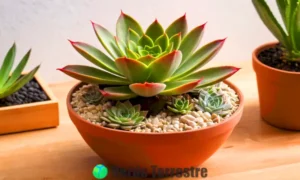 Suerte de Echeveria agavoides rodeada de otras suculentas en un entorno acogedor con luz suave y elementos naturales