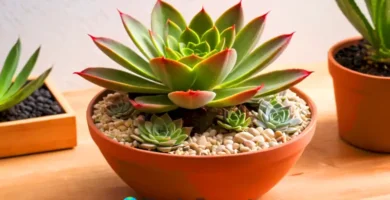 Suerte de Echeveria agavoides rodeada de otras suculentas en un entorno acogedor con luz suave y elementos naturales