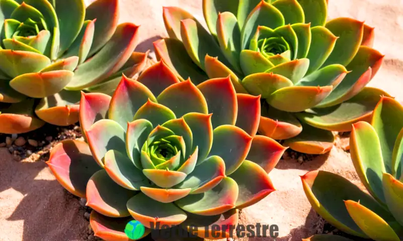 Sulfúreo ejemplar de Echeveria agavoides en flor con hojas verdes y puntas rojizas, en un paisaje desértico soleado