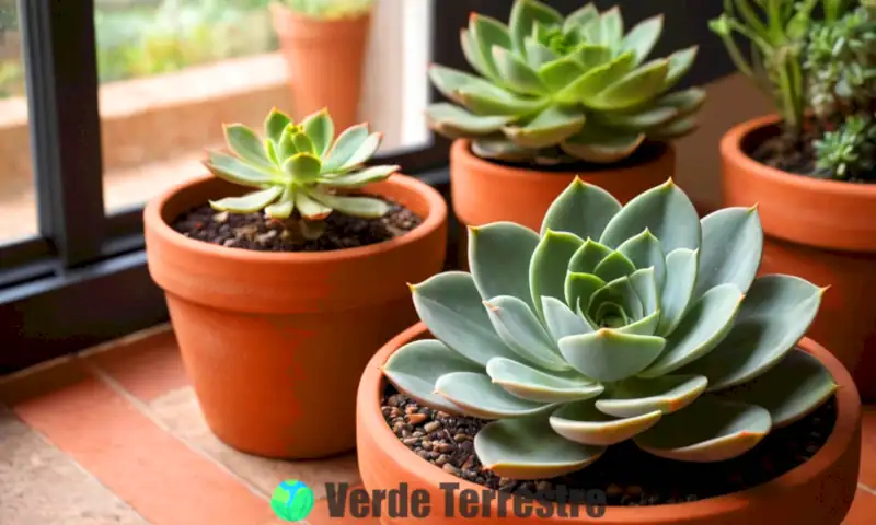 Planta de Echeveria elegans en maceta de terracota, en un jardín interior iluminado por luz suave, rodeada de herramientas de jardinería y follaje verde