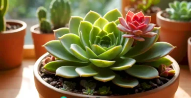 Echeveria elegans en un macetero minimalista sobre una mesa de madera