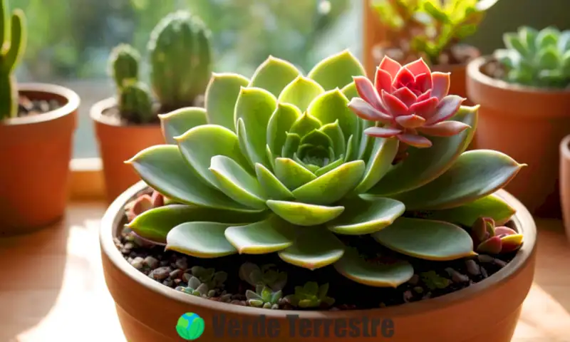 Echeveria elegans en un macetero minimalista sobre una mesa de madera