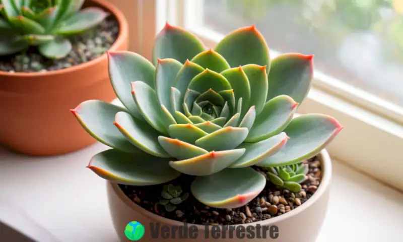Acerca de una planta Echeveria elegans con rosetas pastel en un jardín interior iluminado, rodeada de herramientas de cuidado