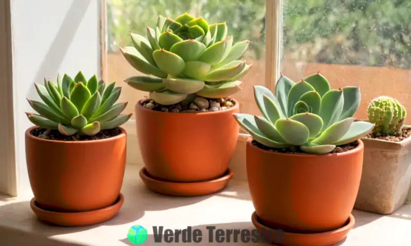 Suculenta Echeveria pulvinata en un jardín interior soleado, rodeada de otras suculentas y herramientas de jardinería