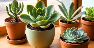 Rincón luminoso con suculentas Echeveria pulvinata en macetas decorativas sobre una mesa de madera