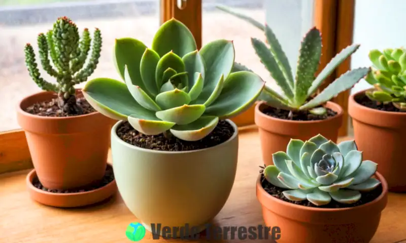 Rincón luminoso con suculentas Echeveria pulvinata en macetas decorativas sobre una mesa de madera