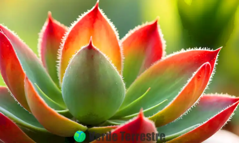 Detalle de una Echeveria pulvinata con hojas peludas y colores vibrantes, en un fondo natural difuminado con símbolos de cuidado como gotas de agua y sol