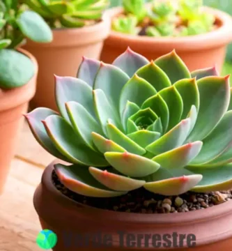 Suculenta Echeveria runyonii en una maceta de arcilla rústica sobre una mesa de madera