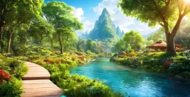 Paisaje ecológico que muestra la fusión de naturaleza y desarrollo sostenible