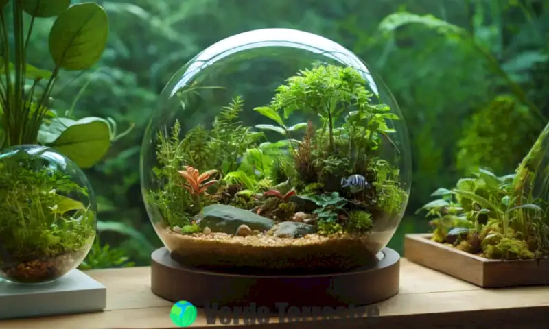 Ilustración de una ecosfera en una cúpula de vidrio, con diversos ecosistemas (bosques, océanos, desiertos) y elementos como plantas y animales, en una paleta de colores armónica