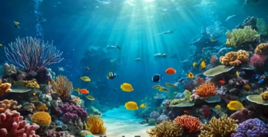 Ilustración artística de un ecosistema submarino vibrante con corales