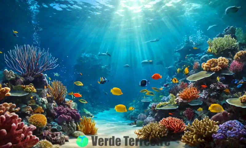 Ilustración artística de un ecosistema submarino vibrante con corales