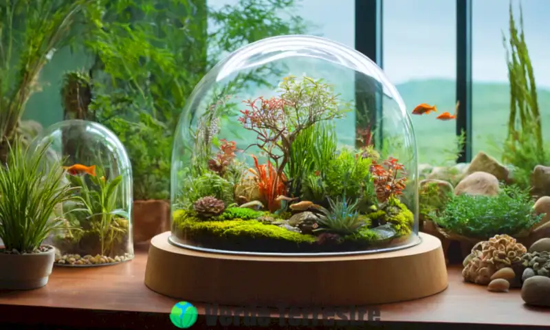 Esfera ecológica colorida con plantas, peces y microorganismos en un domo de vidrio