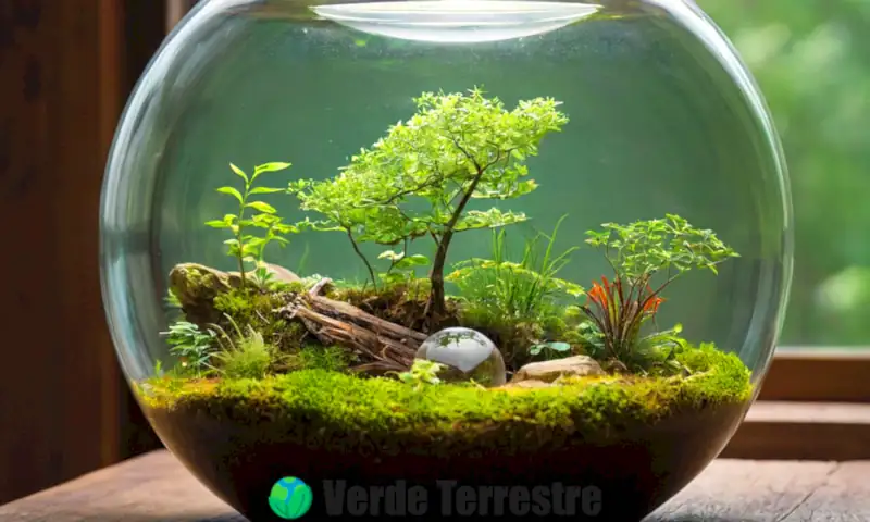 Ilustración artística de una ecosfera dentro de un globo transparente, con plantas, animales y microorganismos en un entorno vibrante y equilibrado