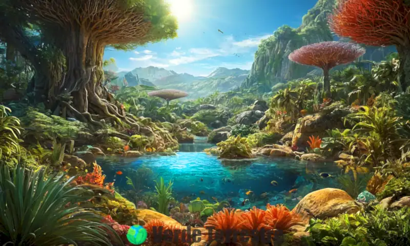 Ecosfera detallada que muestra biomas interconectados: bosques, desiertos, arrecifes de coral y praderas