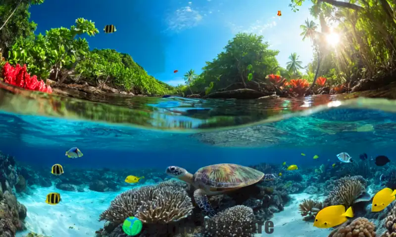 División vibrante entre ecosistemas acuático y terrestre, con un colorido arrecife y un denso bosque que se fusionan en el centro