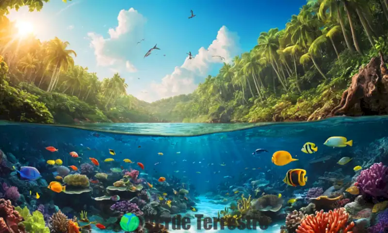 Ilustración dividida que muestra un vibrante ecosistema acuático con arrecifes de coral y un paisaje terrestre frondoso con vida silvestre
