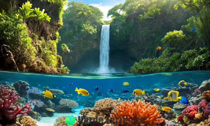 Representación artística de ecosistemas acuáticos y terrestres, con un vibrante fondo marino y un paisaje terrestre exuberante que se encuentran en el centro