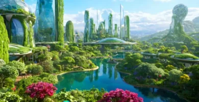 Ecosistema artificial vibrante que integra biomas diversos con arquitectura futurista y naturaleza