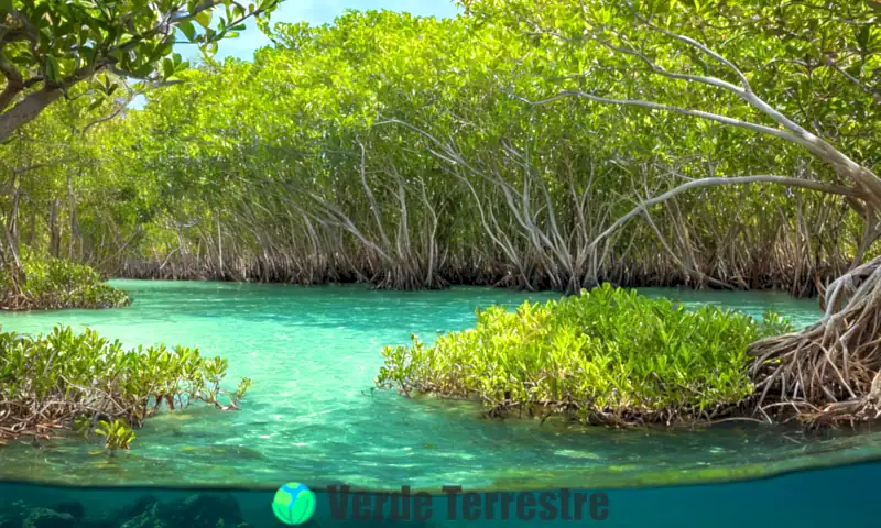 Ecosistema de manglares con árboles verdes, raíces en agua salada, océano azul, fauna marina y aves