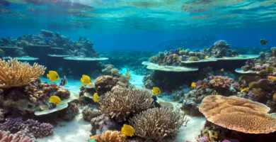 Vista vibrante de un arrecife de coral lleno de vida marina