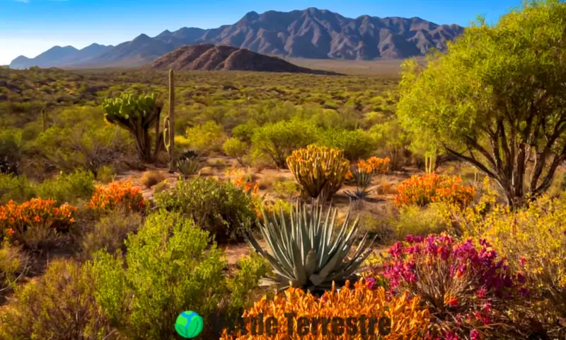 Un ecosistema vibrante de matorrales y árboles pequeños de Baja California, con montañas áridas al fondo y luz cálida, destacando la biodiversidad
