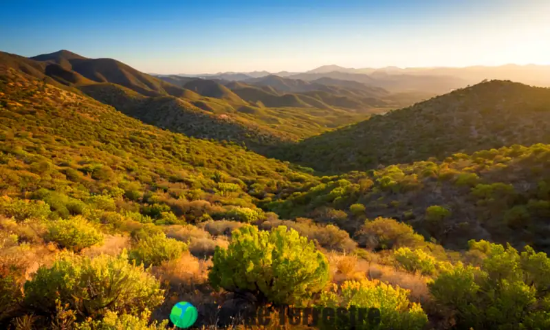 Paisaje vibrante de bosques mixtos y chaparral de Baja California con árboles, arbustos, flores silvestres, ciervos y aves bajo un cielo azul