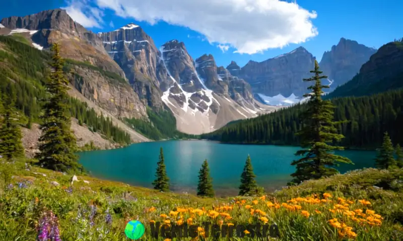Ecosistema montañoso vibrante con flora diversa, fauna como ciervos y águilas, montañas al fondo y un lago sereno
