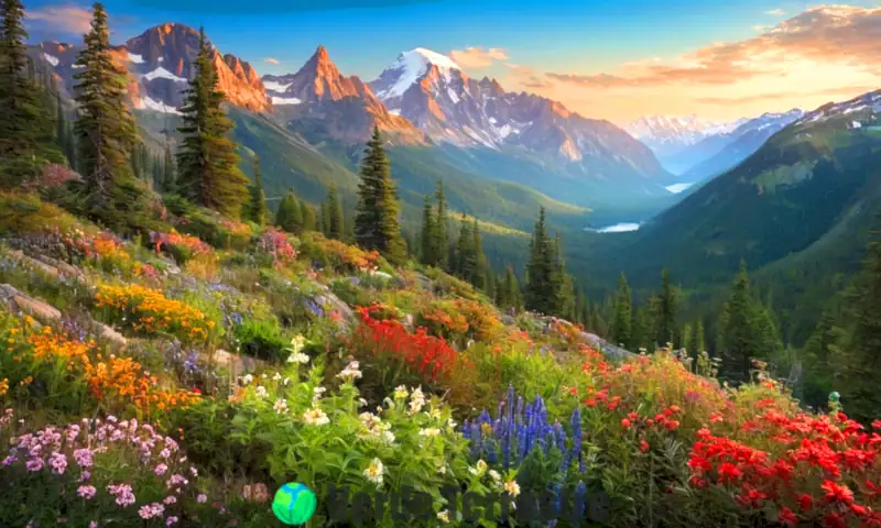 Ecosistema montañoso con flora diversa, fauna exótica y montañas bajo un cielo azul
