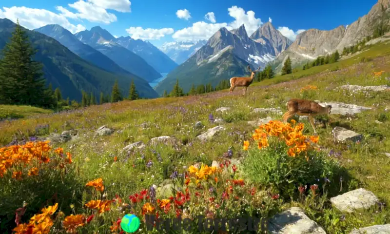 Ecosistema alpino con montañas majestuosas, flores silvestres vibrantes y fauna como ciervos y águilas bajo un cielo azul