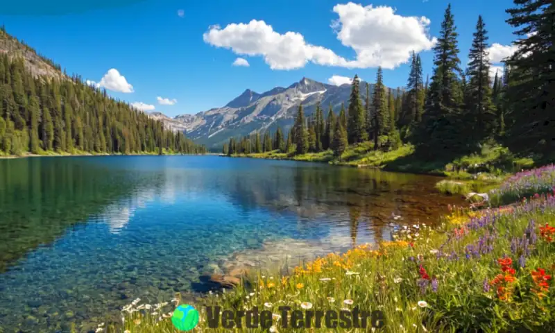 Ecosistema montañoso con flores silvestres, pinos, un lago sereno y fauna como ciervos y águilas