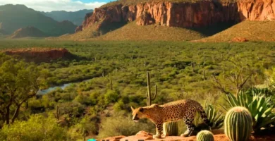 División entre una selva exuberante con jaguares y un desierto árido con zorros del desierto