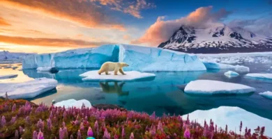 Oso polar y focas sobre hielo