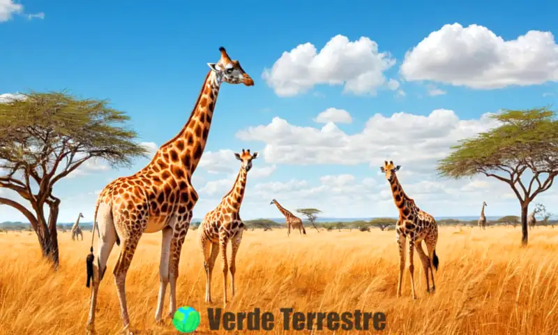 Ecosistema de sabana con jirafas, elefantes y aves, rodeado de hierba dorada y árboles de acacia bajo un cielo azul