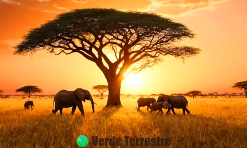 Ecosistema de sabana en atardecer, con baobabs, acacias, leones, elefantes y cebras en un paisaje vibrante