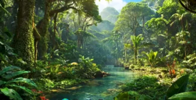 Ecosistema de selva vibrante con plantas tropicales