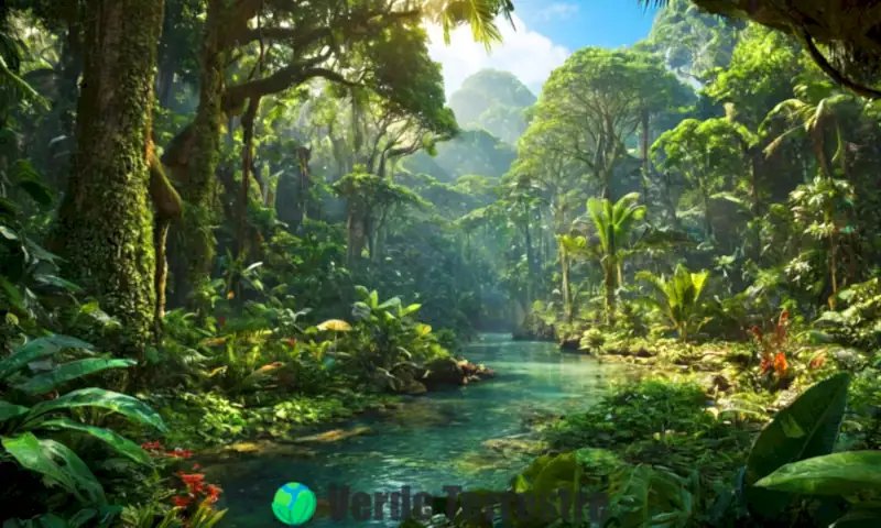 Ecosistema de selva vibrante con plantas tropicales