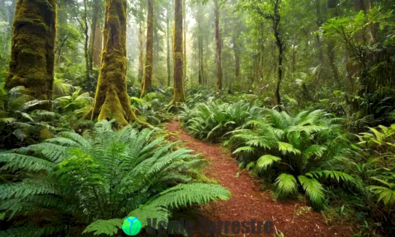 Representación artística de diversos ecosistemas forestales con flora y fauna variadas