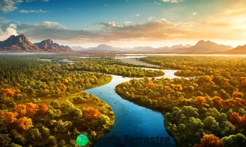 Ilustración educativa de ecosistemas terrestres con factores abióticos, mostrando paisajes diversos y elementos como sol, agua y suelo, con etiquetas informativas