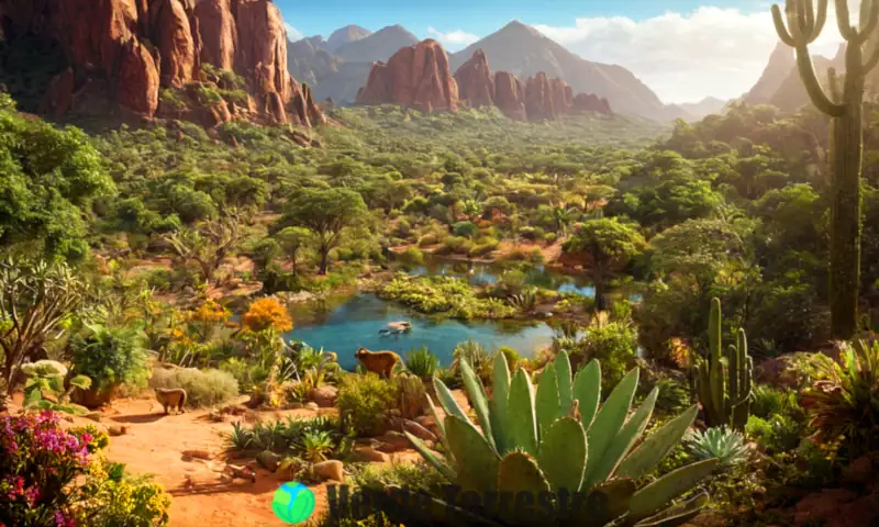 Ilustración colorida de diversos ecosistemas terrestres, que incluye una selva densa, desierto árido, pradera exuberante y bosque templado, con fauna y flora características de cada uno