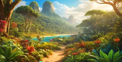 Ilustración colorida que muestra diferentes ecosistemas: una selva exuberante