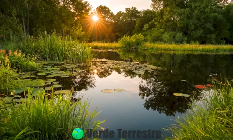 Ecosistemas lenticos vibrantes con lagos y estanques serenos rodeados de vegetación abundante y fauna diversa al atardecer