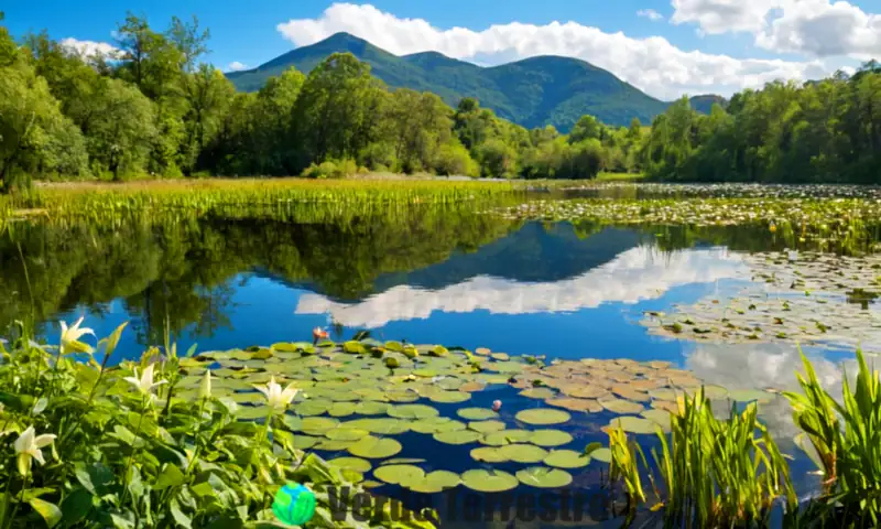 Lago sereno rodeado de vegetación exuberante, con plantas acuáticas y peces en aguas claras, bajo un cielo azul con nubes